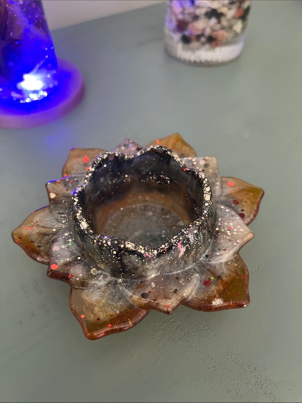 Resin Lotus Tealight Holder with Glitter Accents